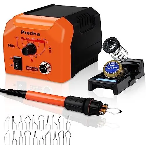 Produktbild: Brandmalstation, Preciva Brennkolben Set mit 20-teilig Spitzen, Brandmalerei Set Bastelset Lötstation Lötkolben Set Temperatur Einstellbar 250℃ - 750 ℃, Brandmalkolben für Holz, Leder und Kork