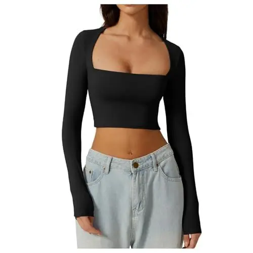 Produktbild: Brandy Melville Tops Langarmshirt Damen Elegant Y2K Hose Damen Pullover Dunkelgrün Damen Skims Dupe Top Rundhals Casual Tops Long Sleeve Shirt Women Aesthetic Clothes Crop Schwarz XL