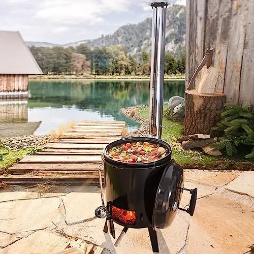 Produktbild: BRAST® Eintopfofen mit Grillfunktion Ofen Kugelgrill Barbecue Grill Outdoor-Küche Gulaschkanone Suppenkessel Hähnchenbräter Ungarischer Gulaschkessel aus Stahlblech emailliert Dreibein inkl. Zubehör