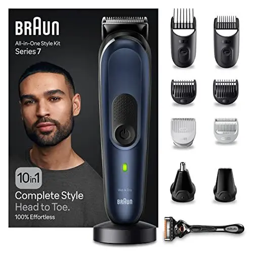 Produktbild: Braun All-In-One Bartpflege Bodygroomer Set, 10-in-1 Barttrimmer/Bartschneider, Nasenhaartrimmer, Trimmer/Haarschneider Herren, Haarschneidemaschine, wasserdicht, 100 Min. kabellose Laufzeit, MGK7410