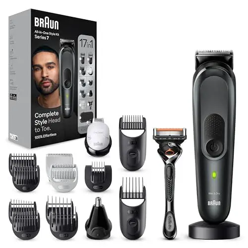 Produktbild: Braun All-In-One Trimmer-Set 7, 17-in-1 Multigroom, Haarschneidemaschine für Gesicht, Kopf und Körper, Barttrimmer, Nasenhaartrimmer, 100 Min Akku, 14 Längen (3–21 mm), Wasserdicht, MGK7491, Schwarz