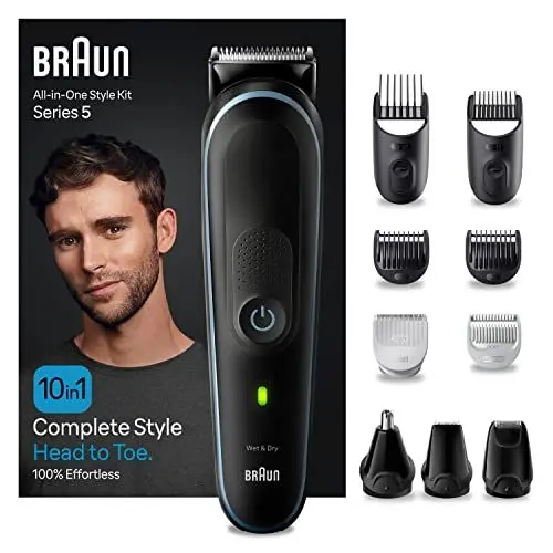Produktbild: Braun All-In-One Bartpflege Bodygroomer Set, Barttrimmer / Bartschneider, Nasenhaartrimmer, Trimmer/Haarschneider Herren, Haarschneidemaschine, wiederaufladbar, 100 Min. kabellose Laufzeit, MGK5445