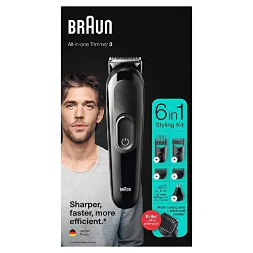 Produktbild: Braun All-in-One 3 Trimmer MGK3320, 6-in-1 Barttrimmer und Haarschneider für Männer, für Gesichts- und Kopfhaare