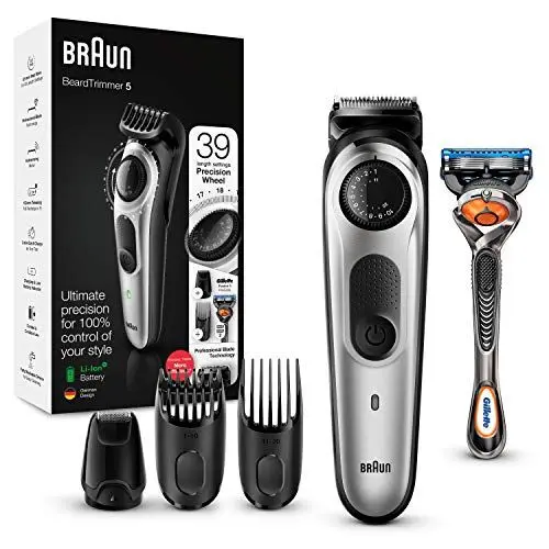 Produktbild: Braun Barttrimmer/Haarschneider Herren, Trimmer/Haarschneidemaschine, inkl. 3 Aufsätze & Rasierer, 39 Längeneinstellungen, BT5265, schwarz/silber-metallic