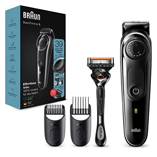 Produktbild: Braun Barttrimmer 5, Trimmer/Haarschneider Herren, Haarschneidemaschine, für Gesichts- und Kopfhaare, lebenslang scharfe Klingen, 39 Längeneinstellungen, Geschenk Mann, BT5342, schwarz/grau