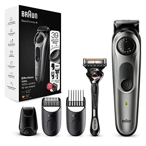 Produktbild: Braun Barttrimmer 5, Trimmer/Haarschneider Herren, Haarschneidemaschine, für Gesichts- und Kopfhaare, lebenslang scharfe Klingen, 39 Längeneinstellungen, Geschenk Mann, BT5365, schwarz/silber