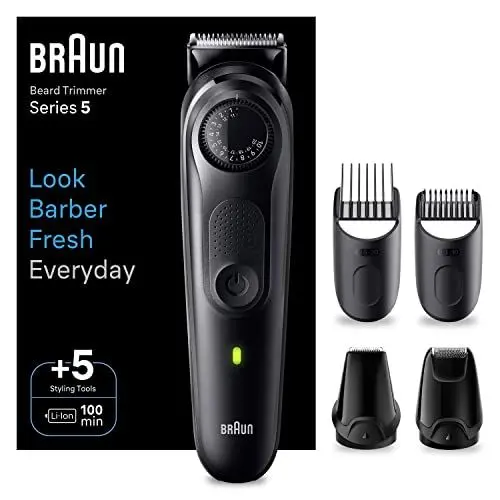 Produktbild: Braun Barttrimmer Series 5, Bartschneider und Trimmer Herren, mit ultrascharfer Klinge, 40 Längeneinstellungen, Tasche, 100 Min. kabellose Laufzeit, BT5430