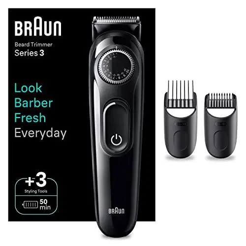 Produktbild: Braun Barttrimmer Series 3, Elektrischer Bartschneider Herren mit 3 Zubehörteile, Ultrascharfe ProBlade Klinge, 50 Min Akkulaufzeit, Kabelloser Bartrasierer, 40 Längen, Wasserdicht, BT3410, Schwarz