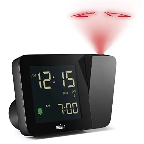 Produktbild: Braun Digitaler Funk-Projektionswecker für die mitteleuropäische Zeitzone (DCF) mit negativem LCD-Display, Schnelleinstellung und Alarm-Piepton in Schwarz, BC15B-DCF.