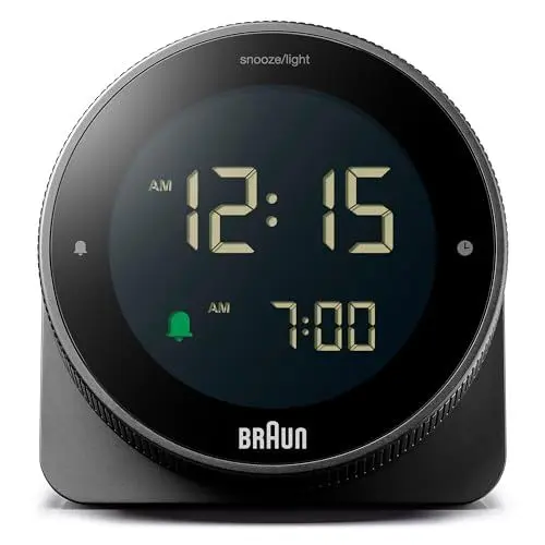 Produktbild: Braun Digitalwecker mit Schlummerfunktion, negativer LCD-Anzeige, drehbarer Lünette für schnelle Zeiteinstellung, Crescendo-Piepton-Alarm in Schwarz, Modell BC24B.