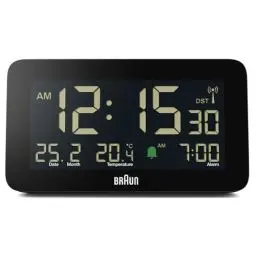 Produktbild: Braun Funk-Digitalwecker für die Mitteleuropäische Zeitzone (DCF) mit Datums-, Monats- und Temperaturanzeige, Negatives LCD-Display, Schnelleinstellung, schwarz, Modell BC10B-DCF.