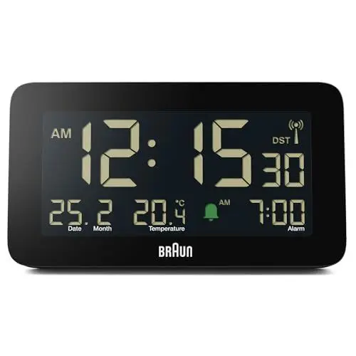 Produktbild: Braun Funk-Digitalwecker für die Mitteleuropäische Zeitzone (DCF) mit Datums-, Monats- und Temperaturanzeige, Negatives LCD-Display, Schnelleinstellung, schwarz, Modell BC10B-DCF.