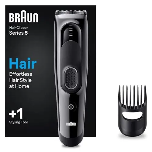 Produktbild: Braun Haarschneider Series 5, Haarschneidemaschine und Rasierapparat für Herren, Haartrimmer mit Ultrascharfe Klingen, 9 Längen, 1 Kammaufsatz, 50 Min. Akku, Abwaschbar, HC5310, Schwarz