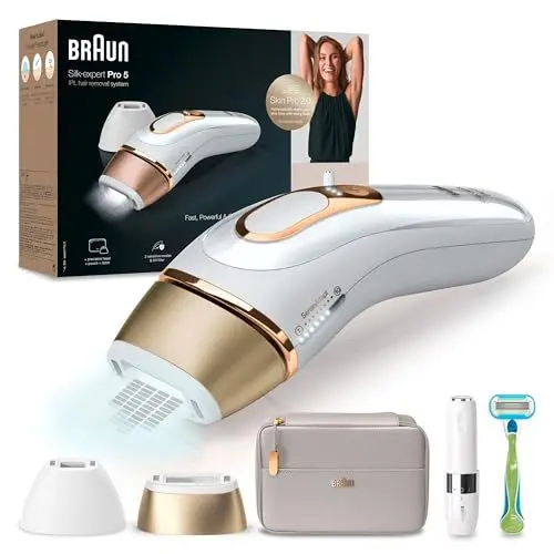 Produktbild: Braun IPL Silk Expert Pro 5 Haarentfernungsgerät Damen, 2 Aufsätze, sichtbare Haarentfernung, Designed In Germany, Gesichtshaarentferner, Alternative zu Laser Haarentfernung, PL5159, weiß/gold
