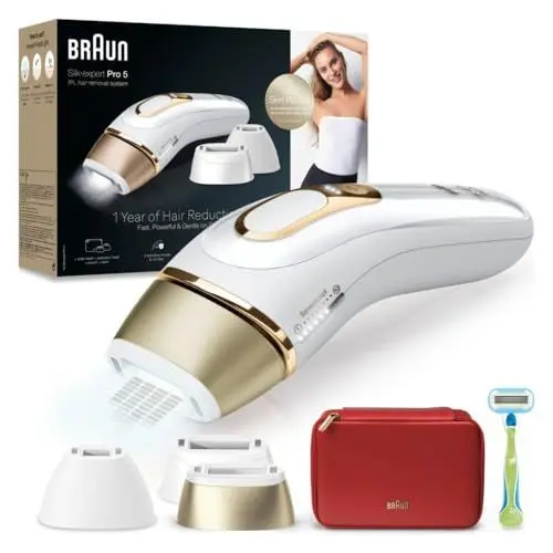 Produktbild: Braun IPL Silk·expert Pro 5 – IPL Haarentfernungsgerät, Dauerhafte und Schmerzfreie Haarentfernung für Zuhause – inkl. Etui, Venus Rasierer, 3 Aufsätze, Designed In Germany – PL5262, Weiß/Gold