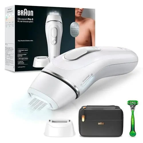 Produktbild: Braun IPL Silk Expert Pro 5 Haarentfernungsgerät Herren, 2 Aufsätze, sichtbare Haarentfernung, Designed In Germany, Gillette Body Rasierer, Alternative zu Laser Haarentfernung, PL5145, weiß/silber