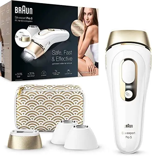 Produktbild: Braun IPL Silk Expert Pro 5 Haarentfernungsgerät, für dauerhaft sichtbare Haarentfernung, Venus Rasierer & Tasche, Alternative zur Laser Haarentfernung, Geschenk für Frauen, PL5137MN, weiß/gold