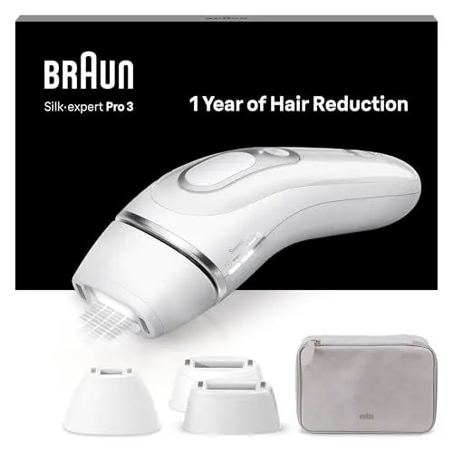 Produktbild: Braun IPL Silk·expert Pro 3, Alternative zur Laser-Haarentfernung für zuhause, sichtbare Haarentfernung, Designed In Germany, mit Aufbewahrungstasche, 3 Aufsätze, Weiß oder Silber, PL3230