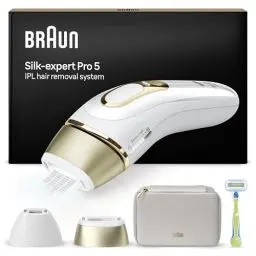Produktbild: Braun IPL Silk·expert Pro 5, Haarentfernung für zuhause, Alternative zur Laser-Haarentfernung, mit Tasche, Venus Rasierer, 2 Aufsätze, Weiß/Gold, PL5152