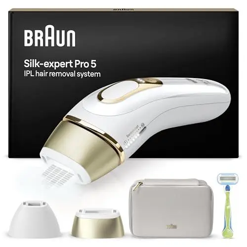 Produktbild: Braun IPL Silk·expert Pro 5, Haarentfernung für zuhause, Alternative zur Laser-Haarentfernung, mit Tasche, Venus Rasierer, 2 Aufsätze, Weiß/Gold, PL5152