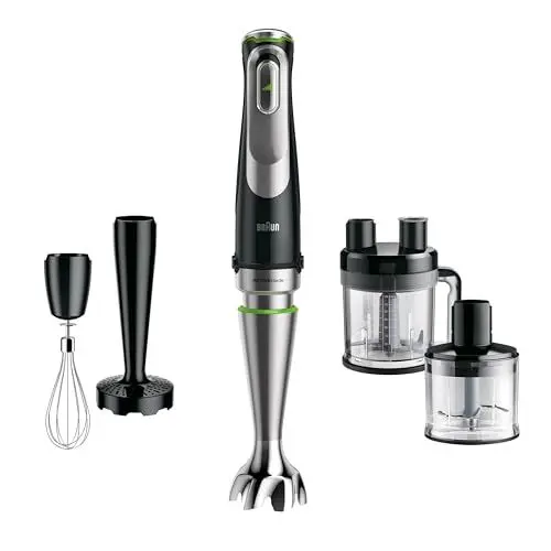 Produktbild: Braun MultiQuick 9 MQ 9187XLI – 5-in-1 Stabmixer mit Küchenmaschinen-Aufsatz, Zerkleinerer, Kartoffel- & Gemüsestampfer & Schneebesen, stufenlose Geschwindigkeitseinstellung, 1200 W, Schwarz/Edelstahl