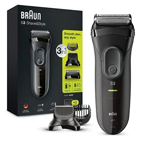 Produktbild: Braun Series 3 Rasierer Herren, 3-in-1 Elektrorasierer, Barttrimmer mit 5 Kammaufsätzen, Wet&Dry, Geschenk Mann, Made in Germany, 3000BT, schwarz/grau