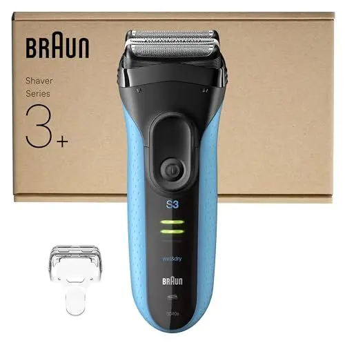 Produktbild: Braun Series 3+ Elektrorasierer, 3 Flexible Klingen, Effizienter MicroComb Mitteltrimmer, Präzisionstrimmer, Nass- & Trockenrasierer für Männer, 3040si, Blau