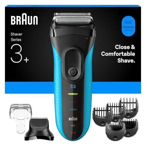 Produktbild: Braun Series 3+ Elektrorasierer Herren, Rasierapparat mit 3 Flexiblen Klingen, Effizienter MicroComb Mitteltrimmer, Barttrimmer-Aufsatz, +5 Kammaufsätze, Nass- und Trockenrasierer, 3010BT, Blau