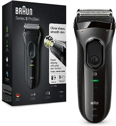 Produktbild: Braun Series 3 ProSkin Rasierer Herren, Elektrorasierer & Trimmer, wiederaufladbarer und kabelloser elektrischer Rasierer, 45 Min Laufzeit, Vatertagsgeschenk, 3020s, schwarz