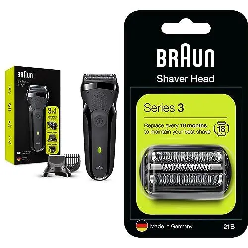 Produktbild: Braun Series 3 Rasierer Herren, 3-in-1-Elektrorasierer, mit 5 Kammaufsätzen, 30 Min Laufzeit, 300BT, schwarz & Series 3 Elektrorasierer Scherkopf, kompatibel mit Rasierer Herren Series 3, 21B, schwarz