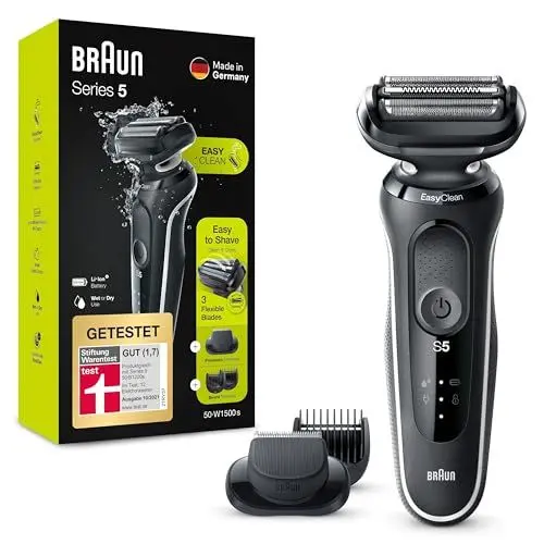 Produktbild: Braun Series 5 Elektrorasierer mit EasyClick Aufsatz, Barttrimmer, Rasierer Herren, EasyClean, Wet & Dry, Geschenk Mann, Made in Germany, 51-W1500s, weiß