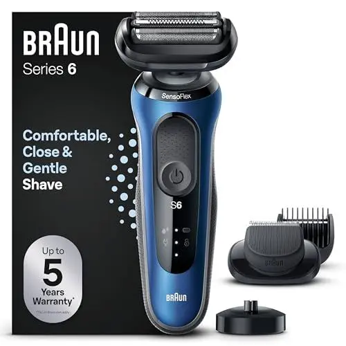 Produktbild: Braun Series 6 Elektrorasierer mit EasyClick Barttrimmer Aufsatz, SensoFlex Rasierer Herren Elektrisch, Ladestation, Wet & Dry, Geschenk Mann, Made in Germany, 61-B4500cs, blau