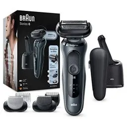 Produktbild: Braun Series 6cc Sensitiver Rasierer Herren, Elektrorasierer für Haarentfernung mit 3 flexiblen Klingen, Barttrimmer, Bodygroomer, Reinigungsstation,EasyClick Aufsätze, Wet&Dry, N7650cc, grau