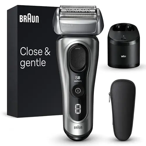 Produktbild: Braun Series 8 Rasierer Herren mit 4+1 Scherkopf, Elektrorasierer, Präzisions-Langhaarschneider, Reinigungsstation, 60 Min Laufzeit, Wet & Dry, Made in Germany, 8567cc, silber