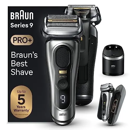 Produktbild: Braun Series 9 Pro+ Rasierer Herren, Elektrorasierer mit 5 Pro Rasierelementen, Langhaarschneider & Reinigungsstation, Rasierer-Ladeetui PowerCase, 60 Min Laufzeit, Made in Germany, 9577cc, Silber