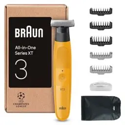 Produktbild: Braun Series XT3 Gesicht & Körper, Elektrischer Rasierer, Barttrimmer & Bodygroomer, 7 Zubehörteile, Bartschneider und Körperrasierer, 45 Min Akku, Trimmen & Rasieren, Wasserdicht, XT3205, Gelb