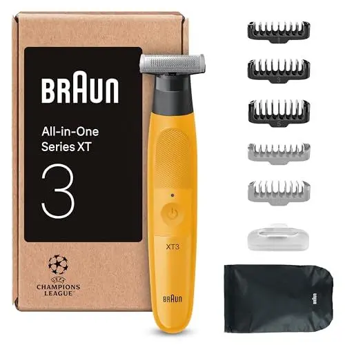 Produktbild: Braun Series XT3 Gesicht & Körper, Elektrischer Rasierer, Barttrimmer & Bodygroomer, 7 Zubehörteile, Bartschneider und Körperrasierer, 45 Min Akku, Trimmen & Rasieren, Wasserdicht, XT3205, Gelb