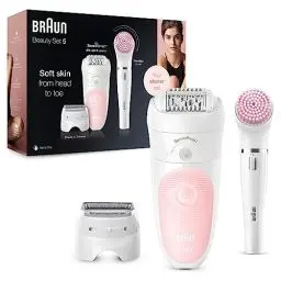 Produktbild: Braun Silk-épil 5 Beauty-Set, Epilierer Damen / Haarentferner, Aufsätze für Rasierer, Peeling, Reinigung für Gesicht und Körper, Tasche, 5-895, weiß/flamingo