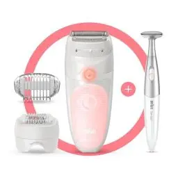 Produktbild: Braun Silk-épil 5 Epilierer & Damenrasierer, Elektrischer Intimrasierer für Frauen, Alternative zu Wachs Haarentfernung, inkl. Damen Bikini-Trimmer, Massageaufsatz, Ladyshaver, 5-820, Weiß/Rosa