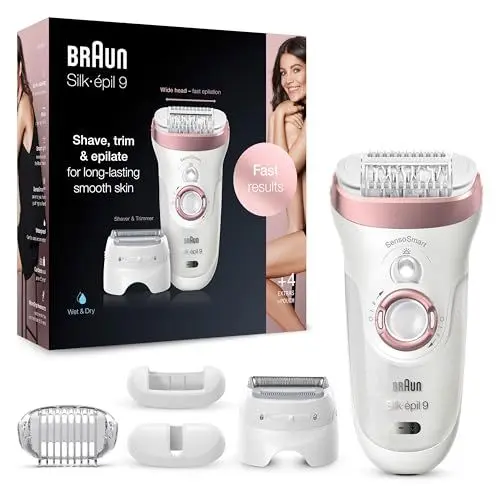 Produktbild: Braun Silk-épil 9 Epilierer Damen / Haarentferner für langanhaltende Haarentfernung, Rasier- und Trimmeraufsatz, Micro-Grip-Pinzetten-Technologie, Hochfrequenz-Massageaufsatz, 9-725, weiß/roségold