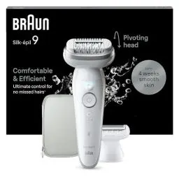 Produktbild: Braun Silk-épil 9, Epilierer Damen / Haarentferner für langanhaltende Haarentfernung, Ladyshaver, Rasieraufsatz , Trimmeraufsatz, 9-041, Weiß/Silber