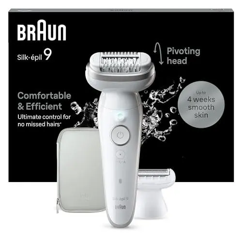 Produktbild: Braun Silk-épil 9, Epilierer Damen / Haarentferner für langanhaltende Haarentfernung, Ladyshaver, Rasieraufsatz , Trimmeraufsatz, 9-041, Weiß/Silber