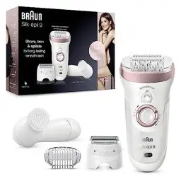 Produktbild: Braun Silk-épil 9 Epilierer Damen / Haarentferner für langanhaltende Haarentfernung, inkl. Gesichtsreinigungsbürste, Rasier- und Trimmeraufsatz, 9-855, weiß/roségold