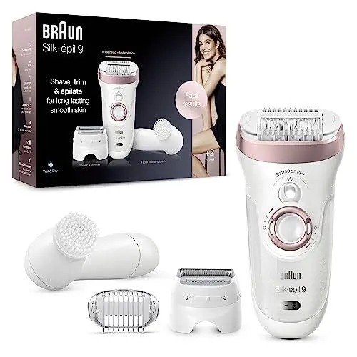 Produktbild: Braun Silk-épil 9 Epilierer Damen / Haarentferner für langanhaltende Haarentfernung, inkl. Gesichtsreinigungsbürste, Rasier- und Trimmeraufsatz, 9-855, weiß/roségold