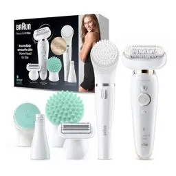 Produktbild: Braun Silk-épil 9 Flex Beauty-Set, Epilierer Damen / Haarentferner, FaceSpa Gesichtshaarentferner, 8 Aufsätze, Tasche, mit flexiblem Kopf für einfachere Haarentfernung, 9300, weiß/gold