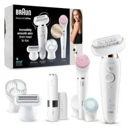 Produktbild: Braun Silk-épil 9 Flex Beauty-Set, Epilierer Damen / Haarentferner, FaceSpa Gesichtshaarentferner, 9 Aufsätze, inkl. FaceSpa Bürste, Mini-Haarentferner, 9105, weiß/gold