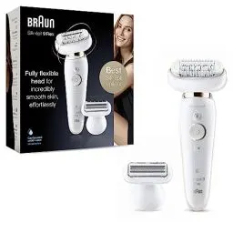 Produktbild: Braun Silk-épil 9 Flex Epilierer Damen / Haarentferner, 5 Aufsätze, Tasche, mit flexiblem Kopf für einfachere Haarentfernung, 9-006, weiß/gold