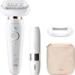 Produktbild: Braun Silk-épil 9 Flex, Epilierer Damen / Haarentferner mit flexiblem Kopf, inkl. Gesichtshaarentferner, kabellose Epilation, breiter Kopf mit 40 Pinzetten, 9-005, weiß/gold