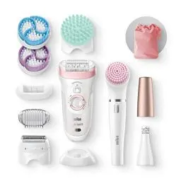 Produktbild: Braun Silk-épil Beauty-Set 9 Deluxe 7-in-1 Epilierer Damen / Haarentferner, Facespa Gesichtshaarentferner, Rasierer, Peeling, Reinigungskit für Gesicht und Körper, 9-985, weiß/rosa