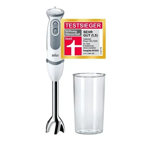 Produktbild: Braun Stabmixer MQ 5200WH - MultiQuick 5 Vario Pürierstab mit Edelstahl Mixfuß, 1000 Watt, inkl. 600 ml Mix- & Messbecher, weiß/grau